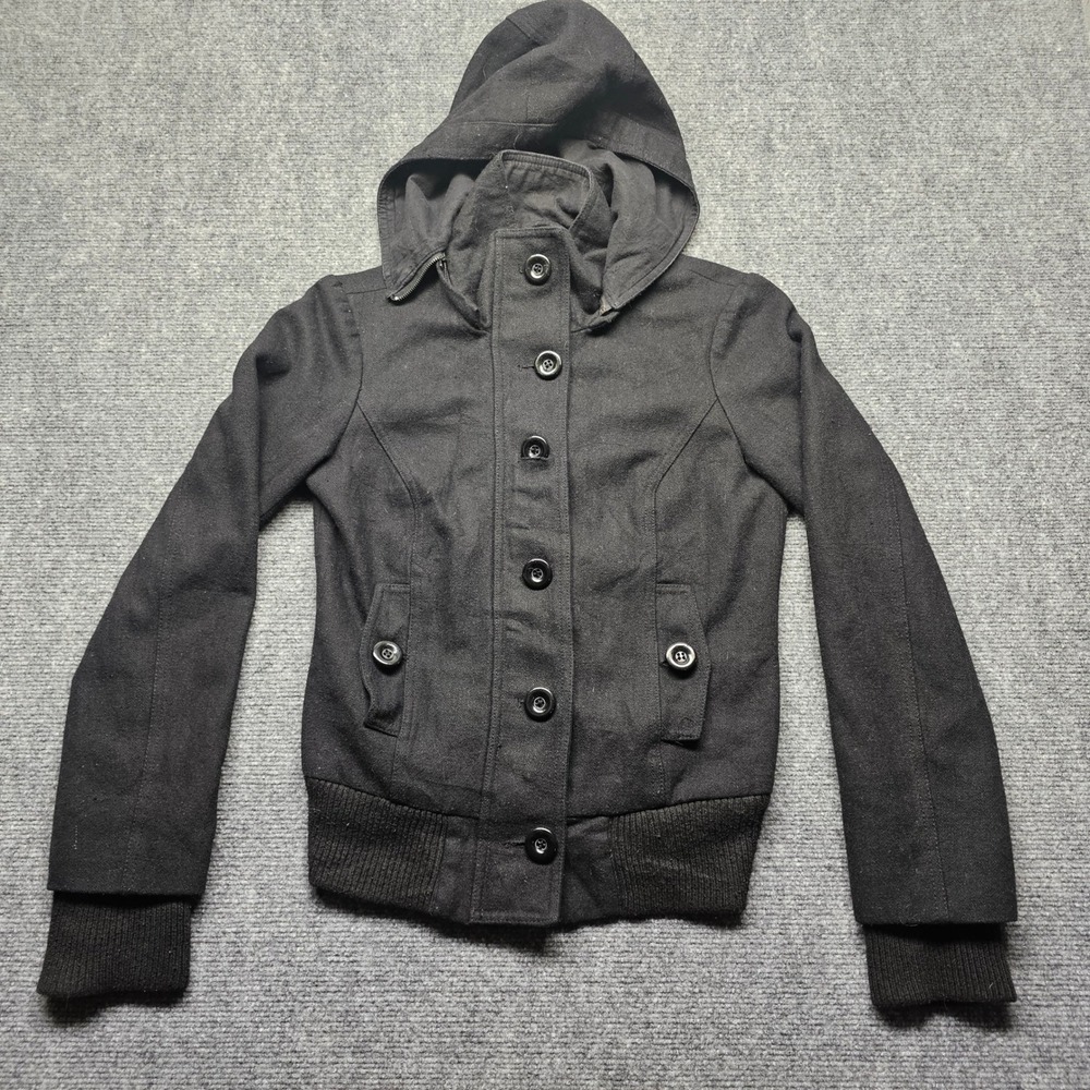 Garage Womens Black Wool Blend Hooded Bomber Jacket XS Detachable Hood Zip Front